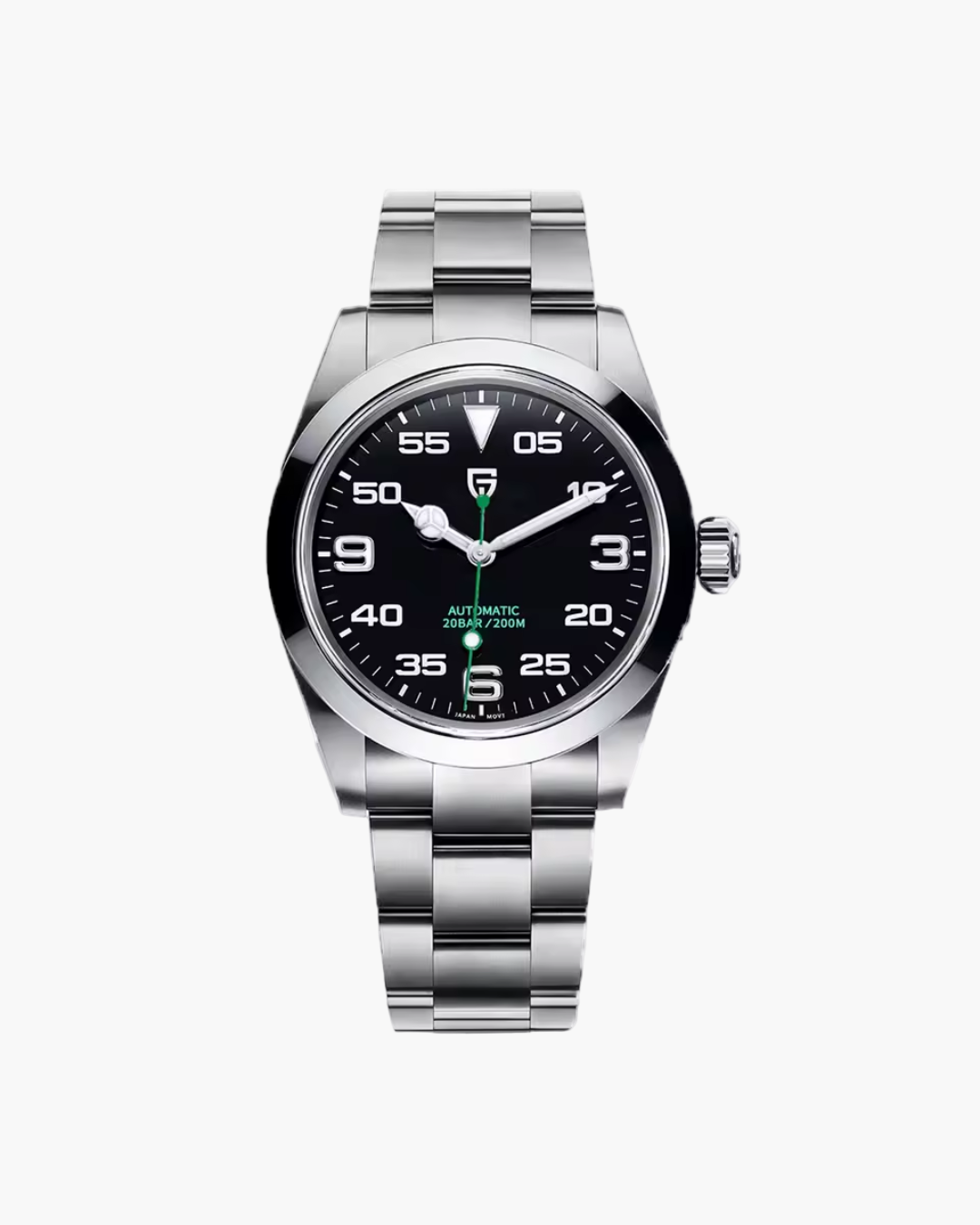 Silver watch with black dial on a white background