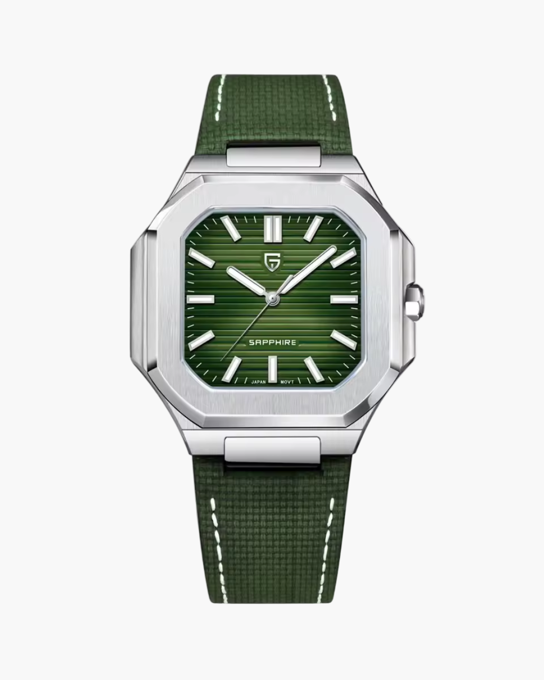 Green Pagani Design watch with packaging on a white background