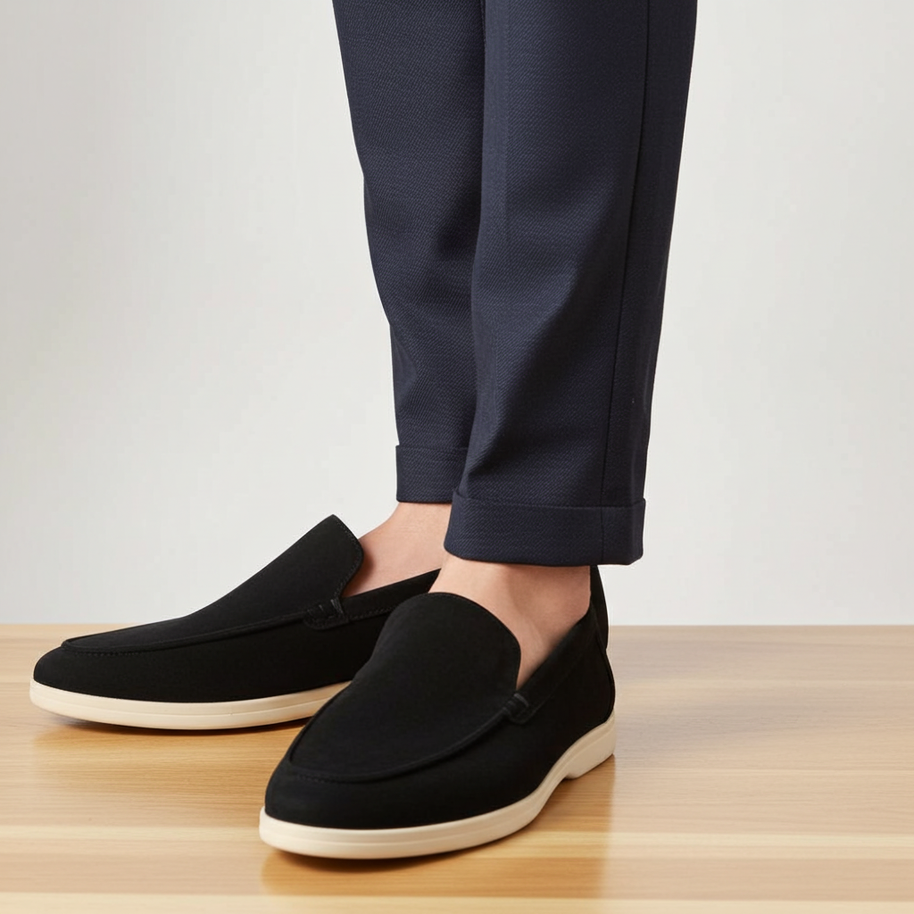 Black loafers worn with navy pants on a light wooden floor.