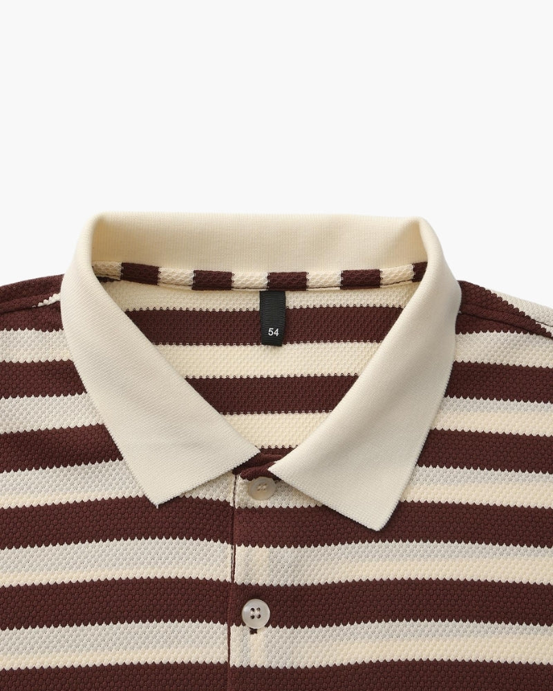 Brown and white striped polo shirt with a collar on a light gray background