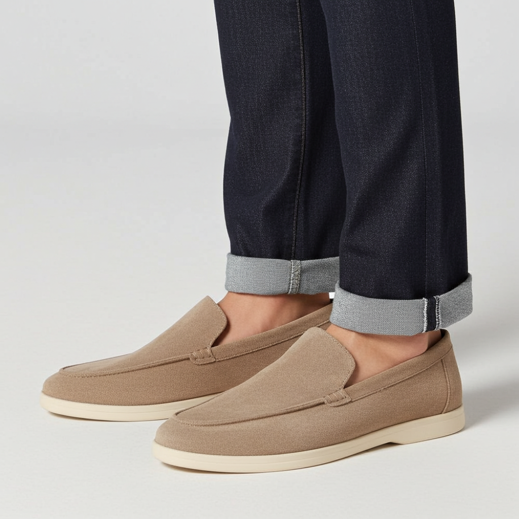 Beige loafers worn with dark jeans on a light gray background