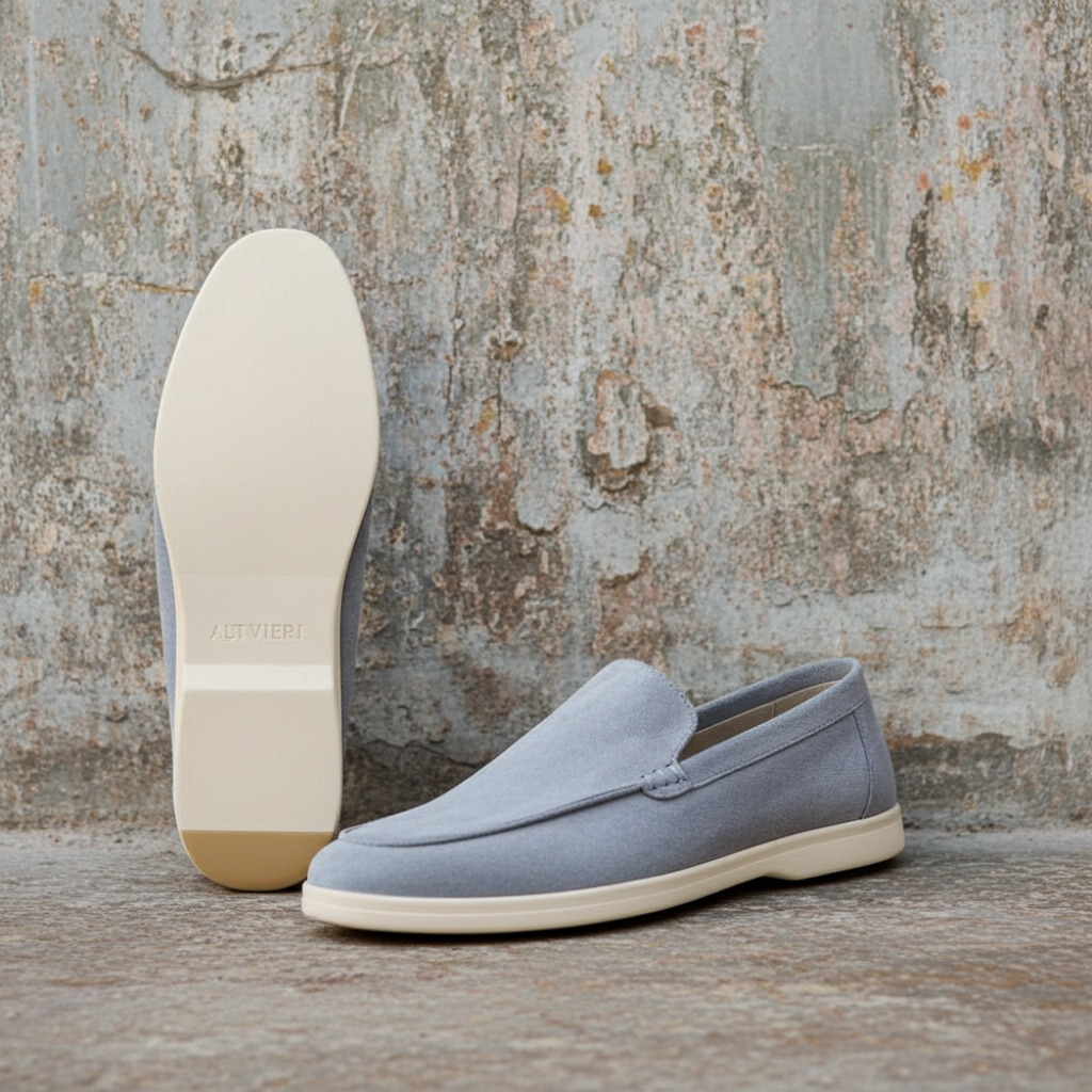 Light blue loafers with white soles against a textured wall.