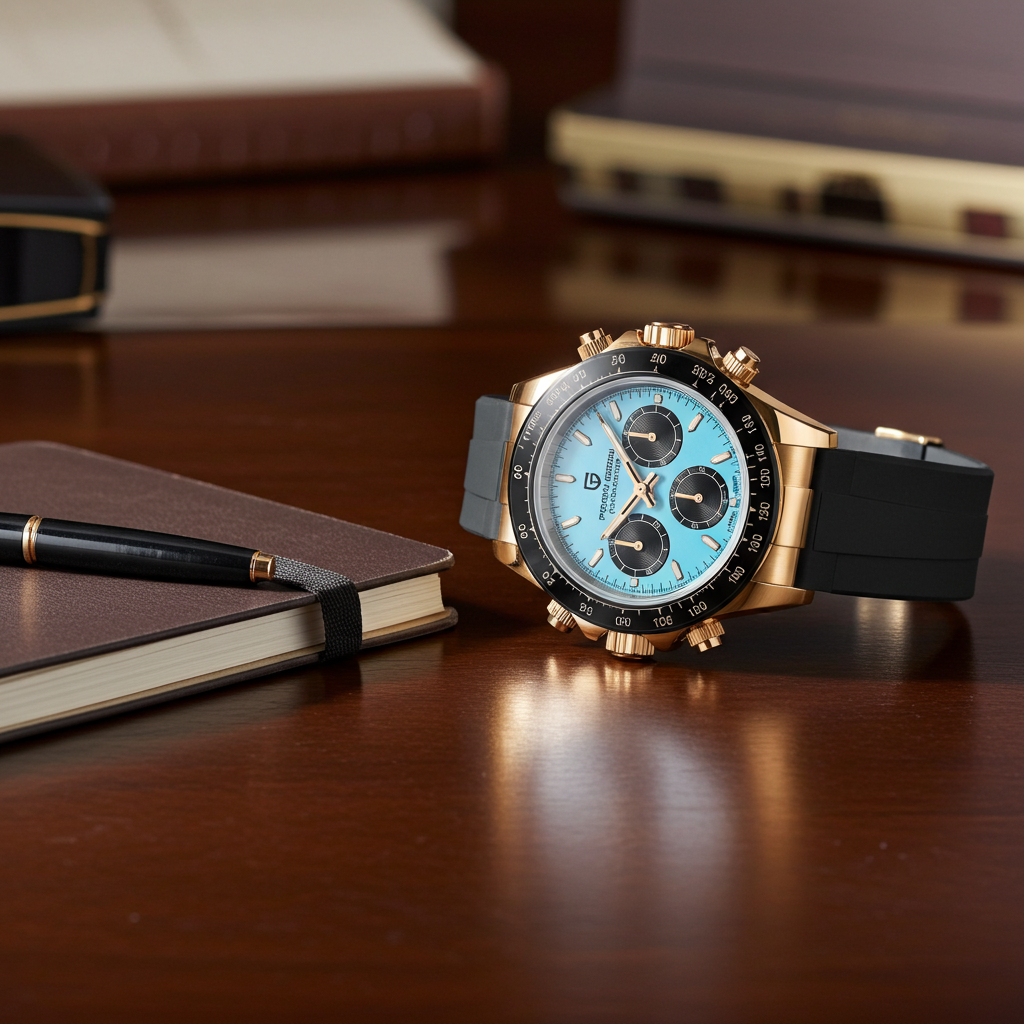 Luxury watch with blue face and gold case on a wooden surface with a notebook and pen.