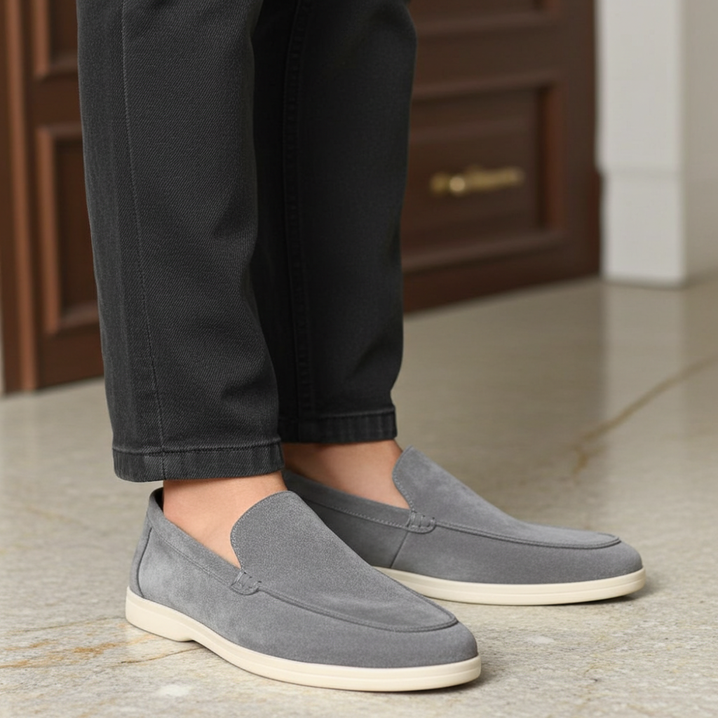 Person wearing gray loafers on a neutral floor.