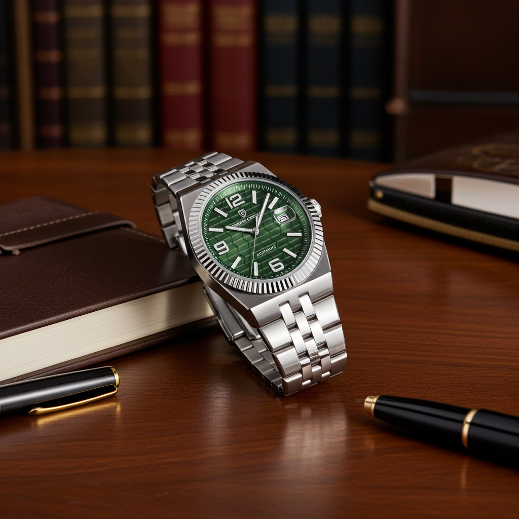 Silver watch with green face on a wooden surface with books and pens in the background