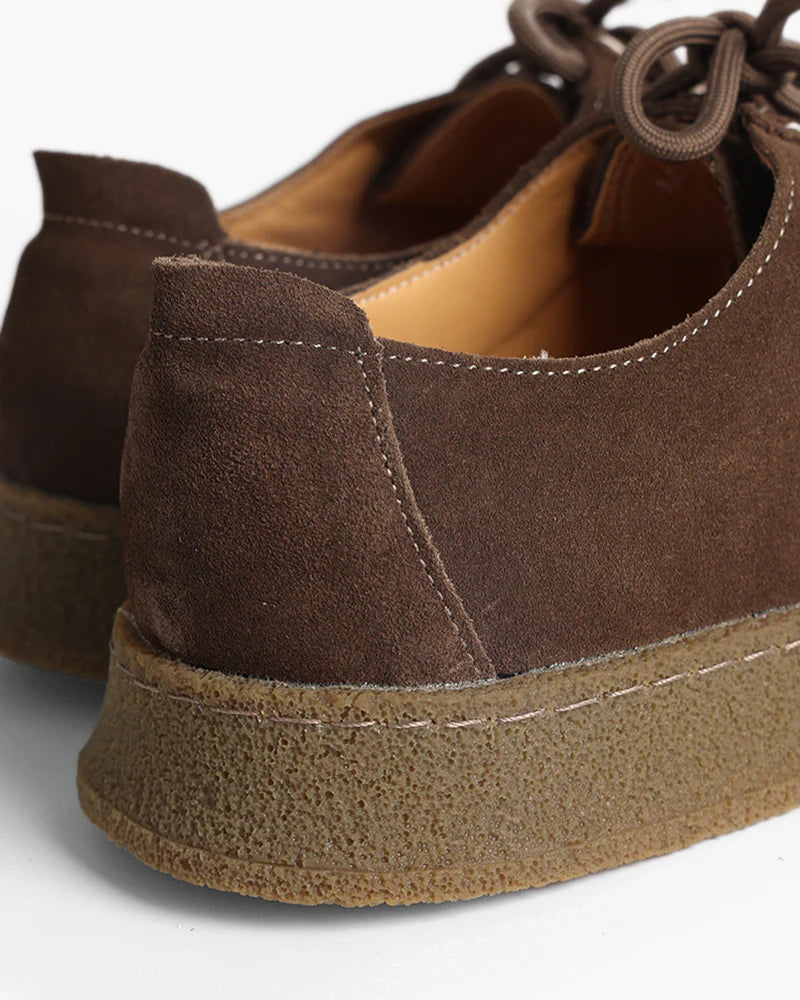 Close-up of brown suede shoes on a white background