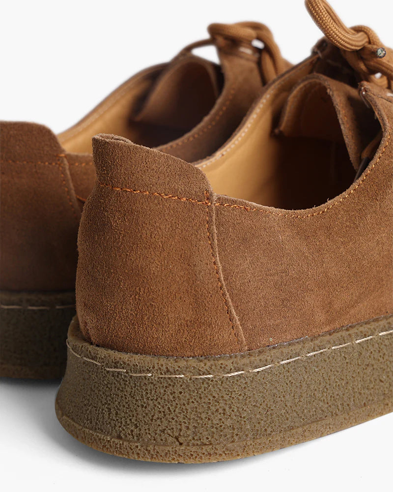 Close-up of brown suede shoes with a white background