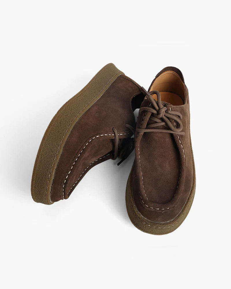 Pair of brown suede shoes on a white background
