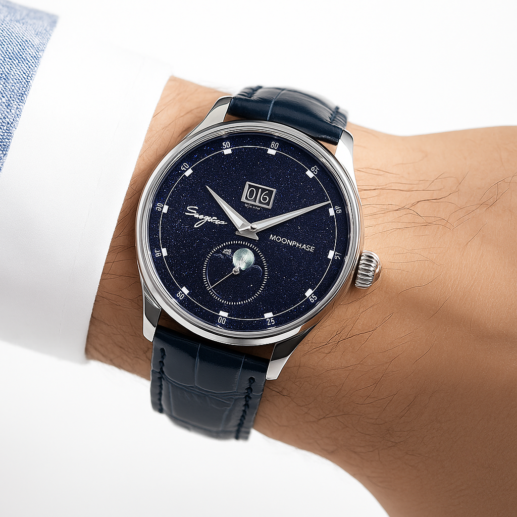 Luxury watch with dark blue face and black strap worn on a wrist against a white background