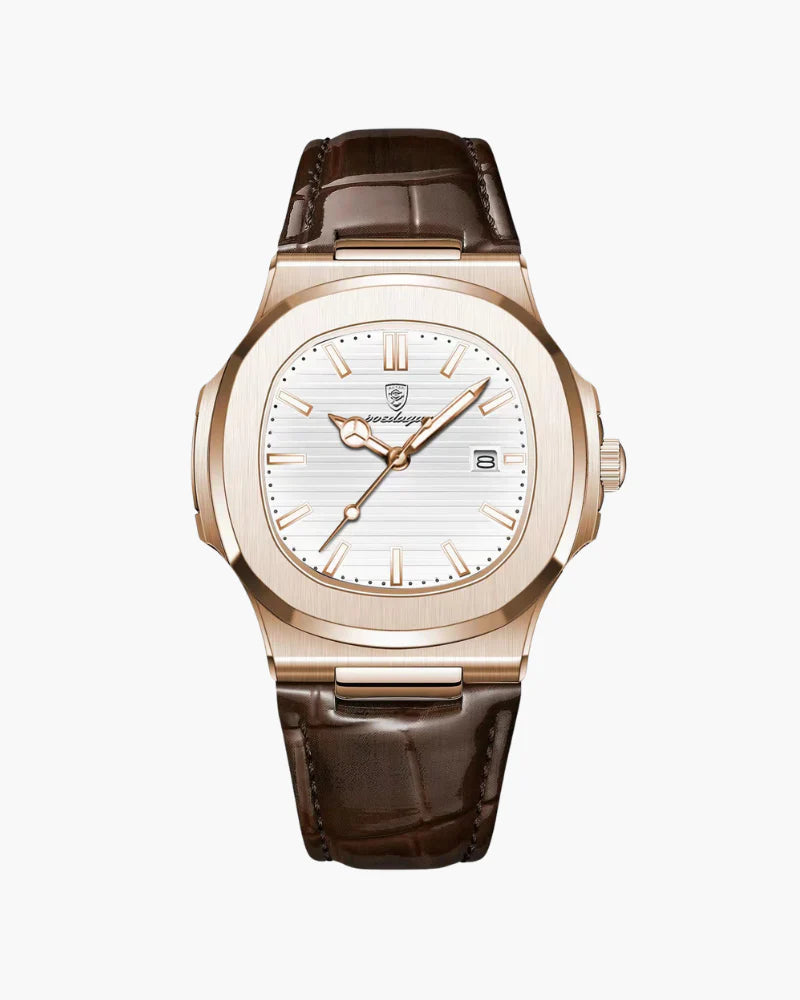 The Lisbon men's classic watch with a white dial and brown leather strap.
