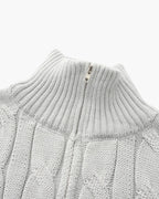 Close-up of the zip and collar detail on the Altivieri Pima cotton sweater.