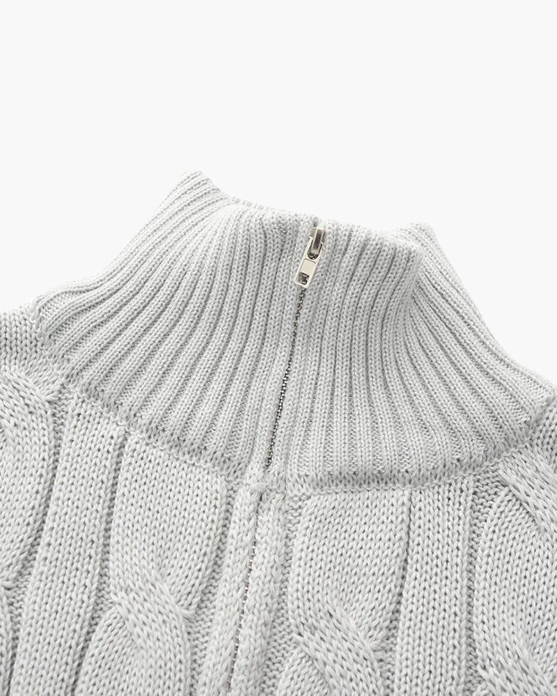 Close-up of the zip and collar detail on the Altivieri Pima cotton sweater.