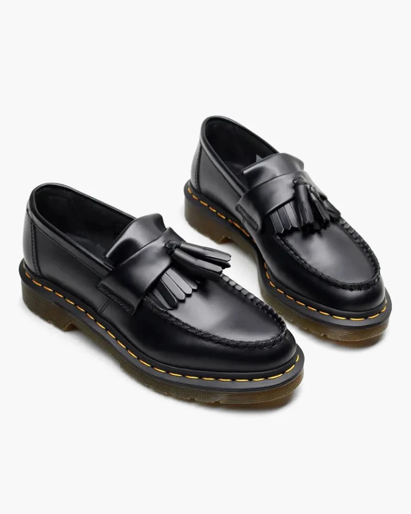 Top-down view of the leather moccasin highlighting its polished full-grain finish.