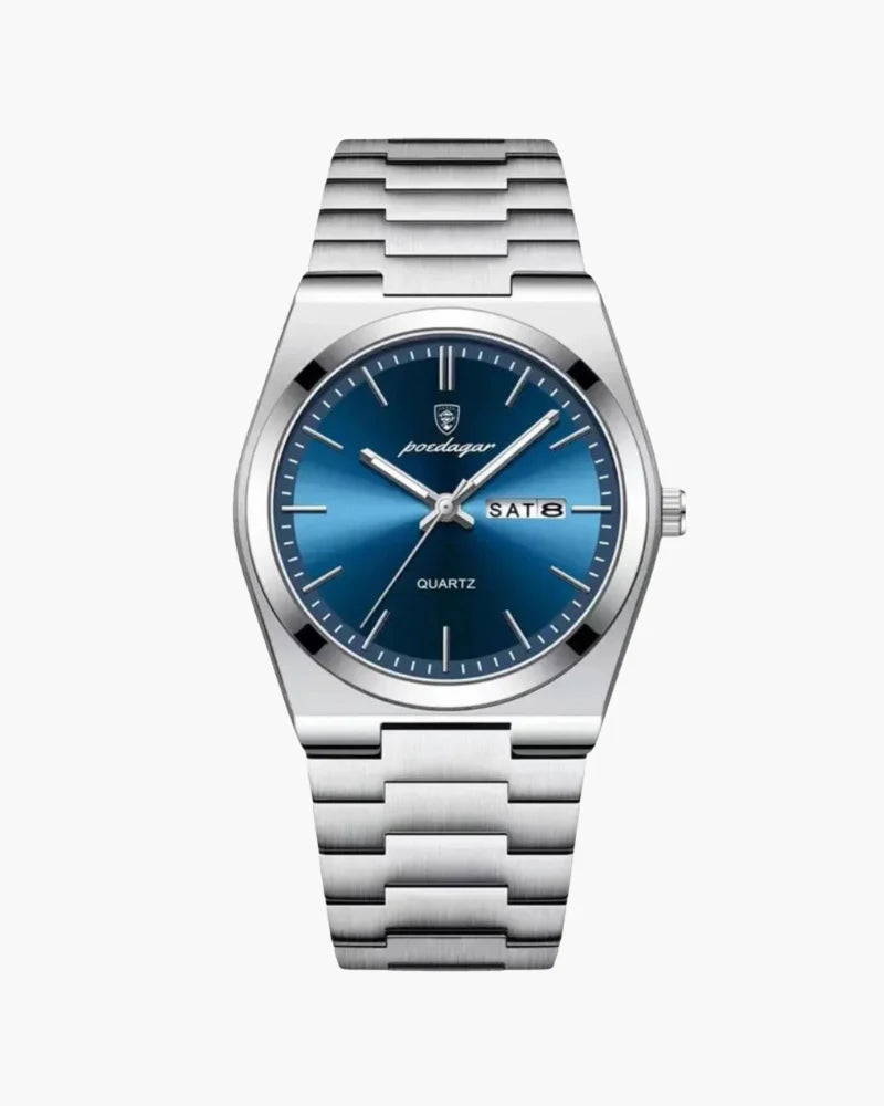 Marine nautical style watch with blue dial and stainless steel.
