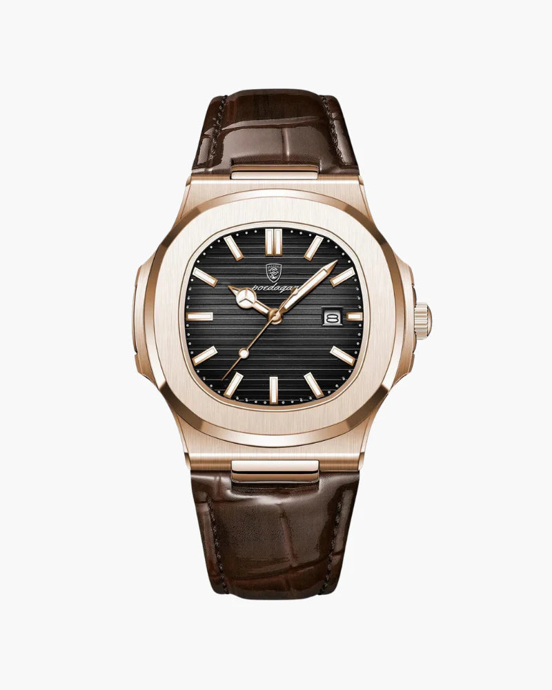 The Lisbon men's classic watch with a black dial and brown leather strap.