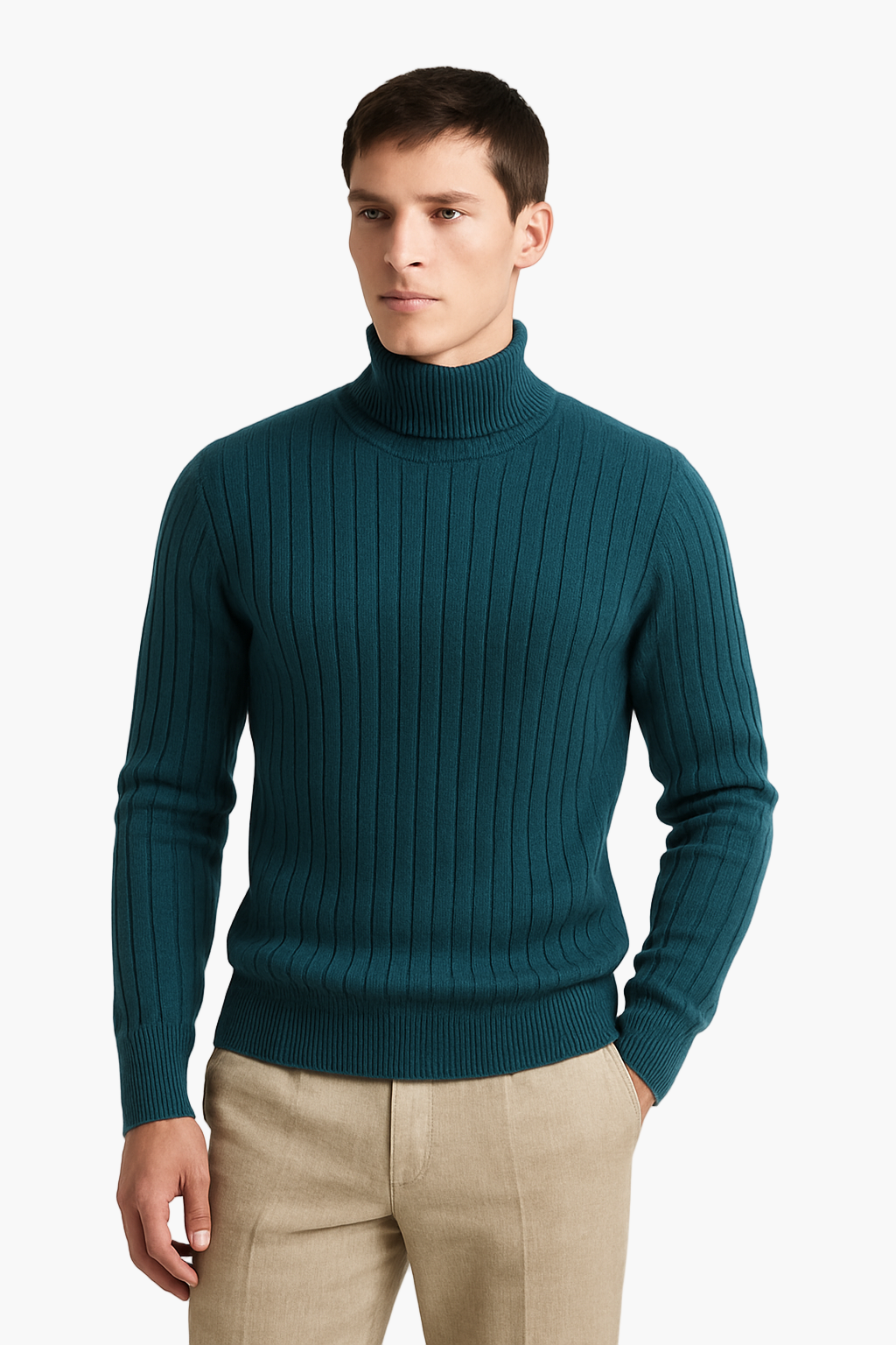 Man wearing the Altivieri St. Moritz striped turtleneck for a sophisticated winter look.