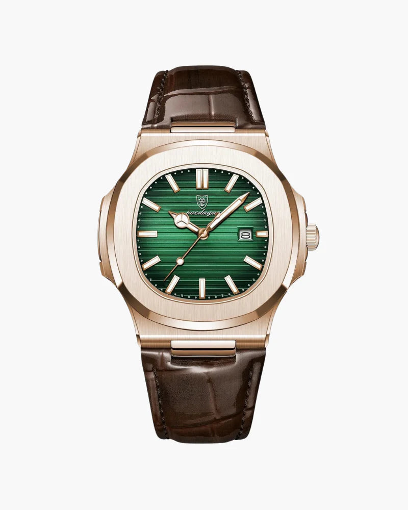 Close-up of the genuine leather strap and buckle on the Altivieri Lisbon watch.