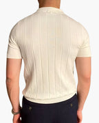 Close-up of the premium ribbed cotton texture on the Cannes polo shirt.