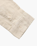 Close-up of the fabric and buttons on the Altivieri men's linen shirt.