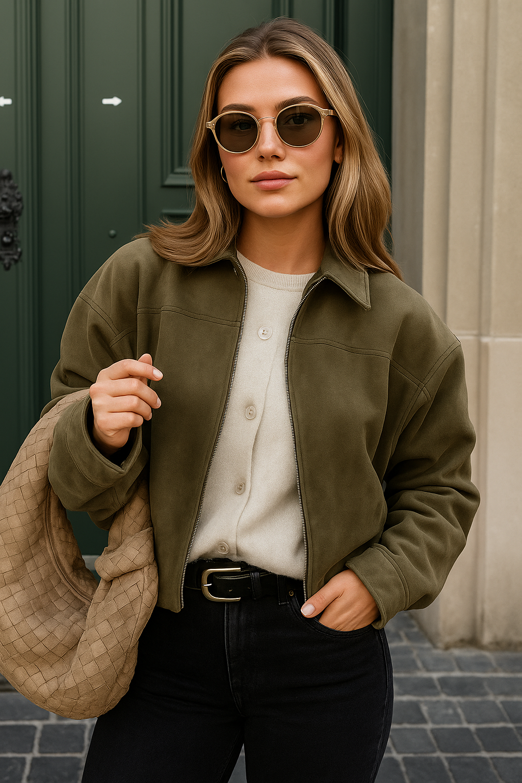Woman wearing an olive green jacket, white shirt, black pants, and sunglasses outdoors.