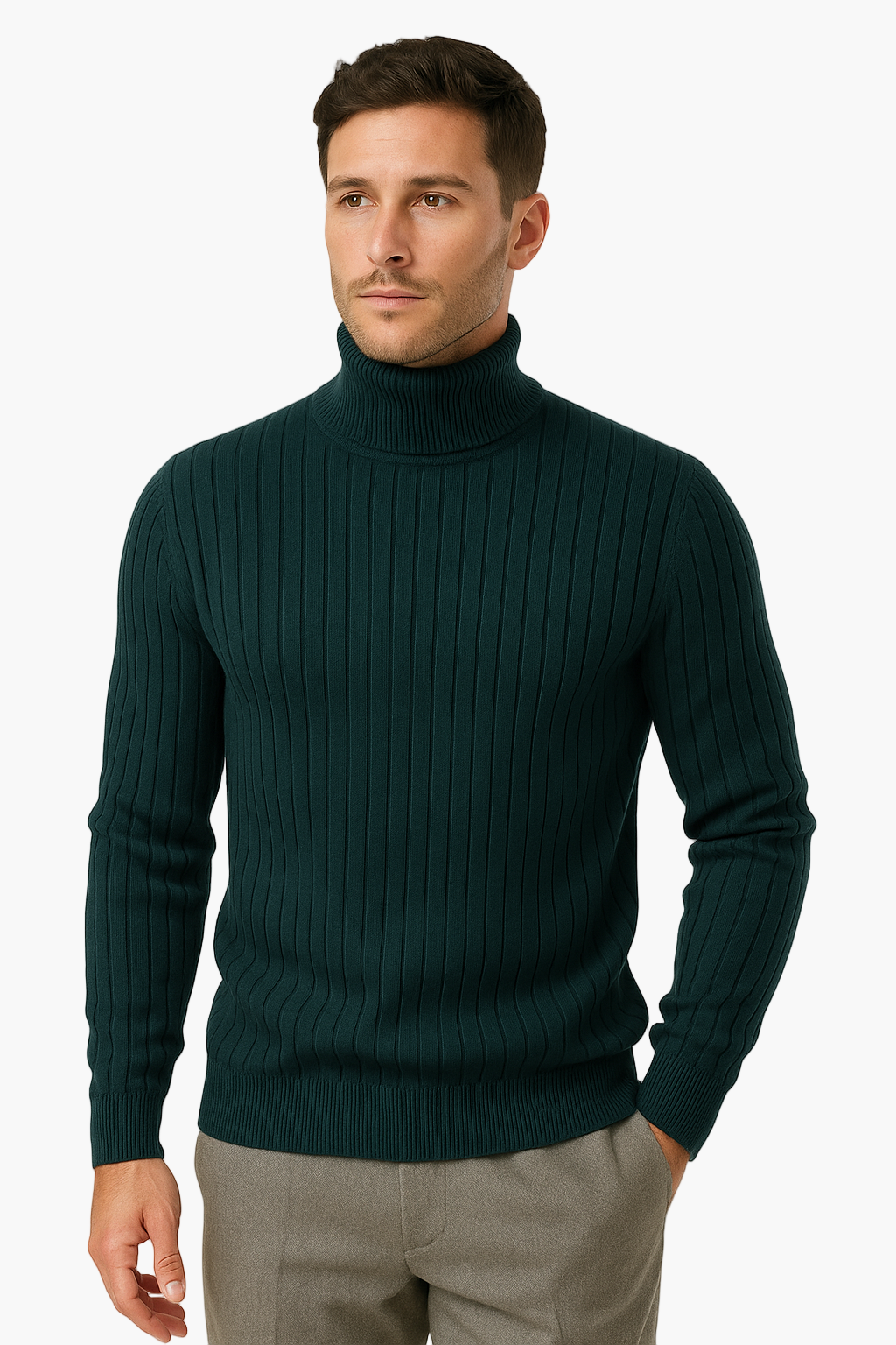 Man wearing a dark green ribbed turtleneck sweater on a white background