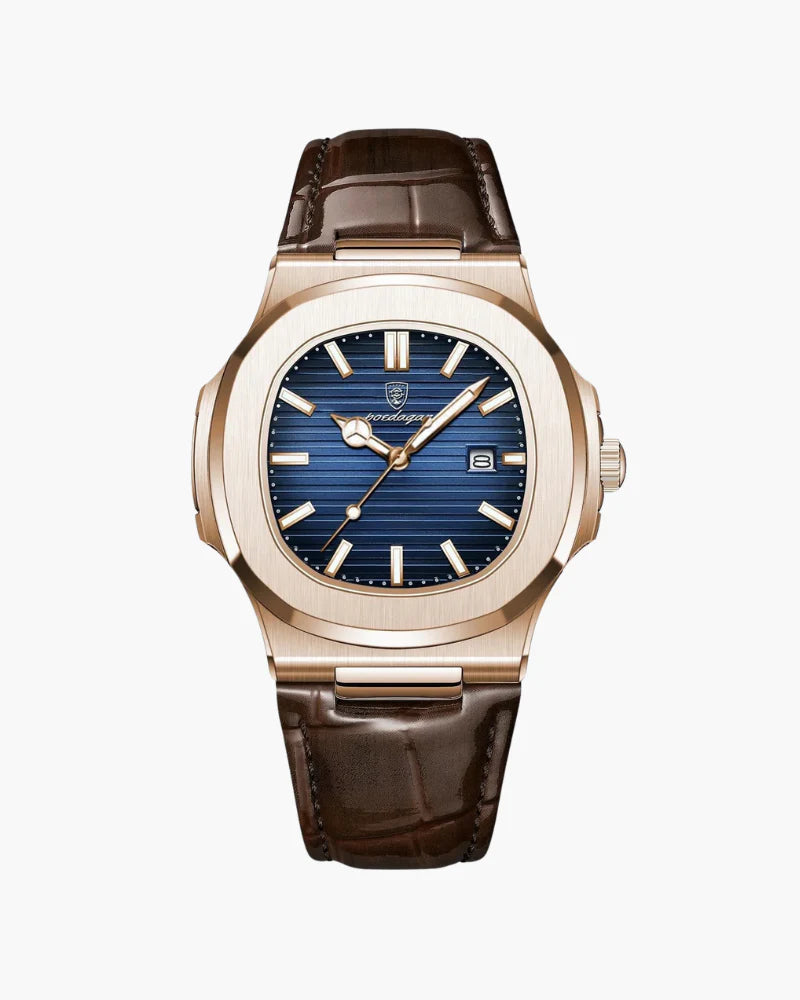 The Lisbon men's classic watch with a blue dial and brown leather strap.
