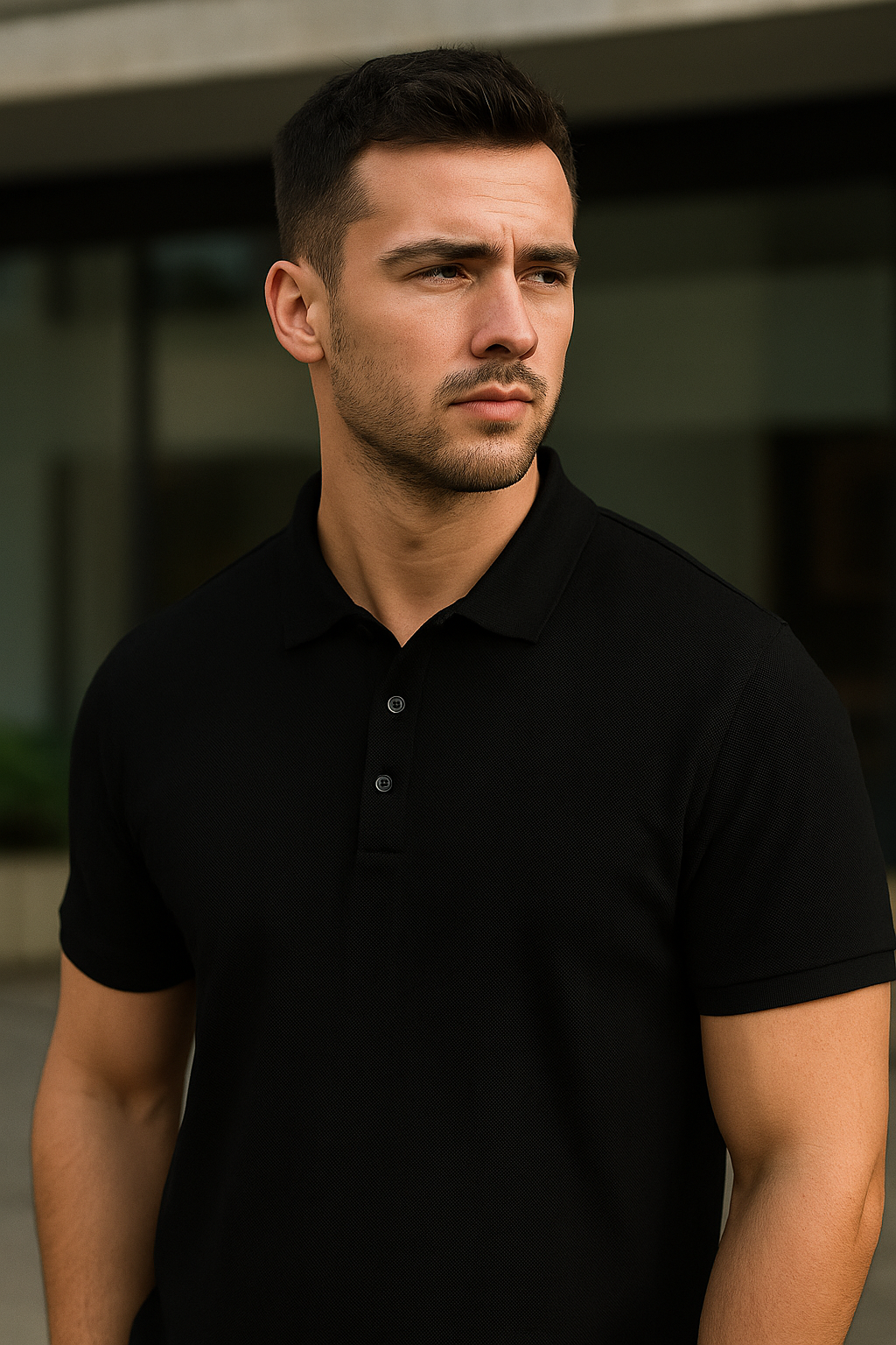 Man wearing a black polo shirt against a blurred background