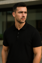 Man wearing a black polo shirt against a blurred background