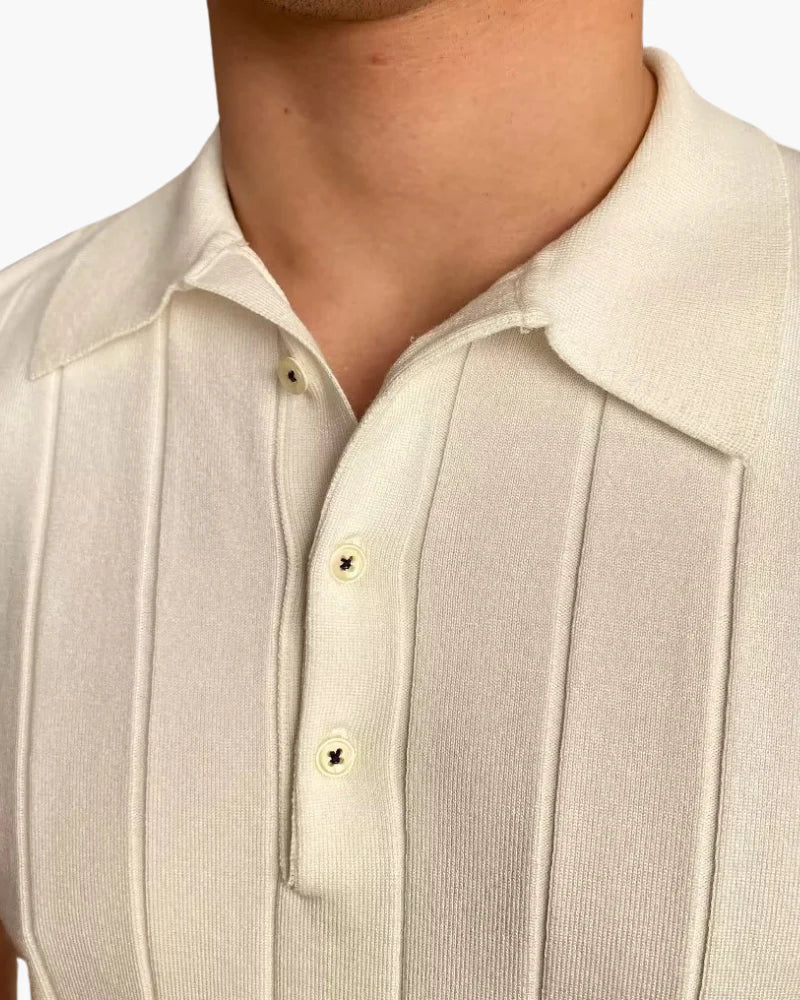 Detail of the classic open-placket collar on the men's Cannes polo.