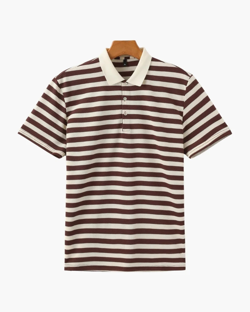 Brown and white striped polo shirt on a hanger against a white background