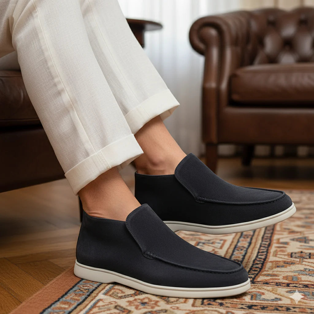 Person wearing black slip-on shoes with white soles in a living room setting.
