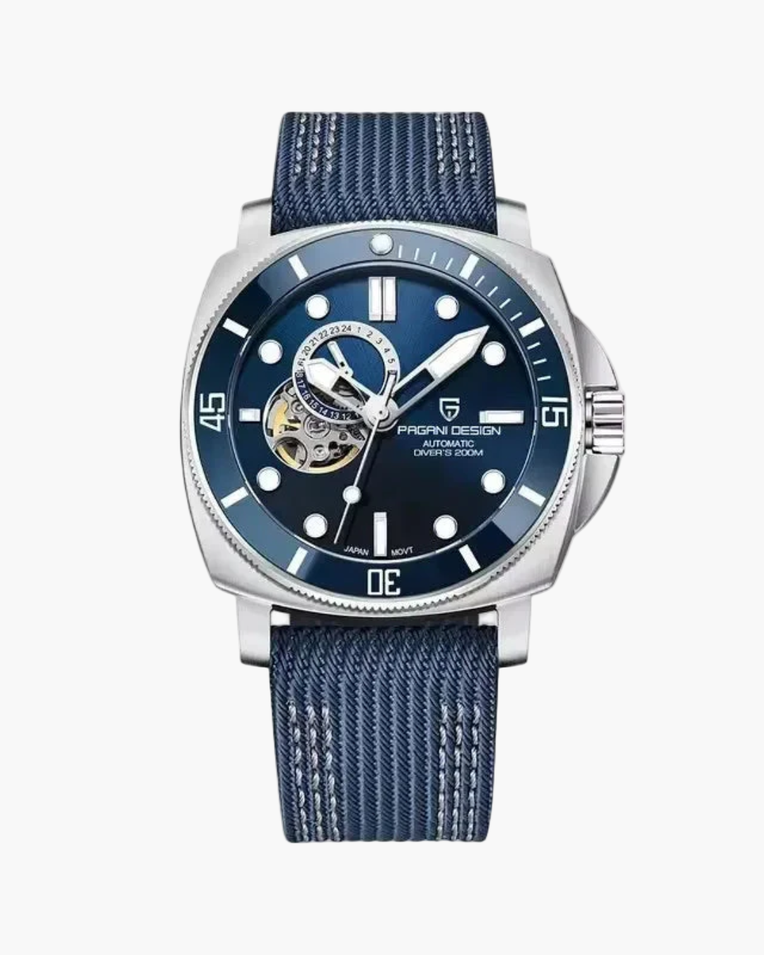 Blue watch with silver case on a white background