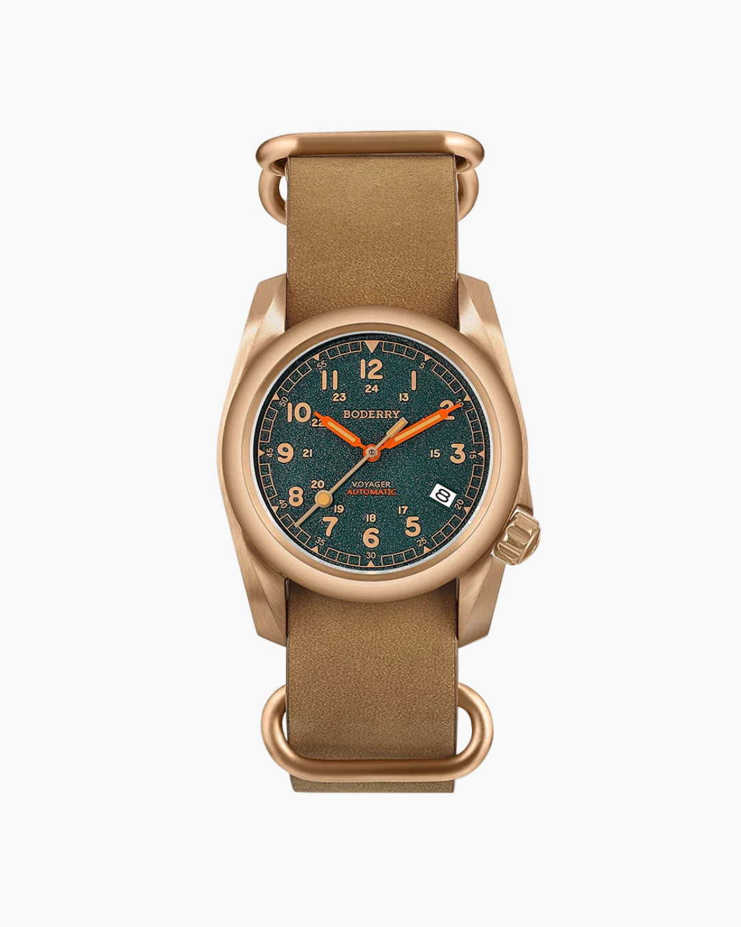 Watch with brown strap and rose gold case on a white background, featuring the BODERRY brand.