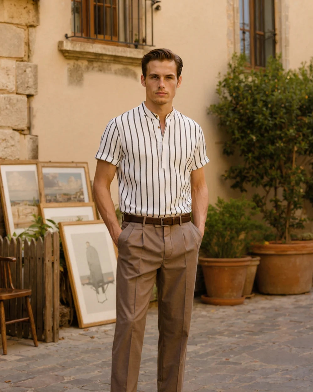 Man in a striped shirt and brown pants standing in front of a building with potted plants and framed pictures.