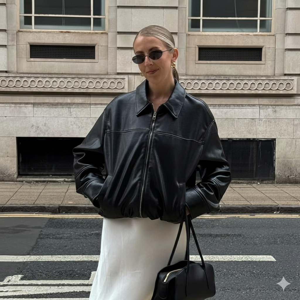 Woman wearing a black leather jacket and sunglasses, standing on a street with a building in the background.