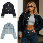 Denim jacket with a woman wearing it and accessorized with sunglasses and a handbag.