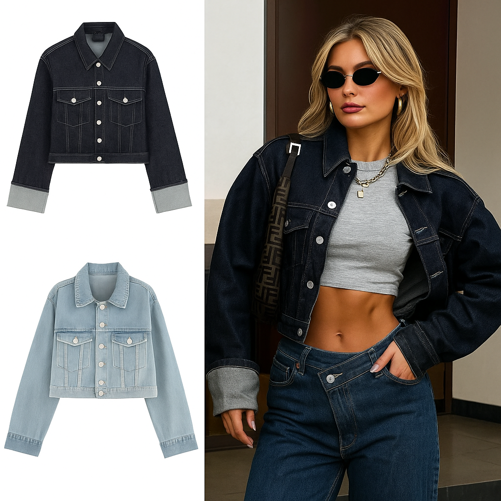 Denim jacket with a woman wearing it and accessorized with sunglasses and a handbag.