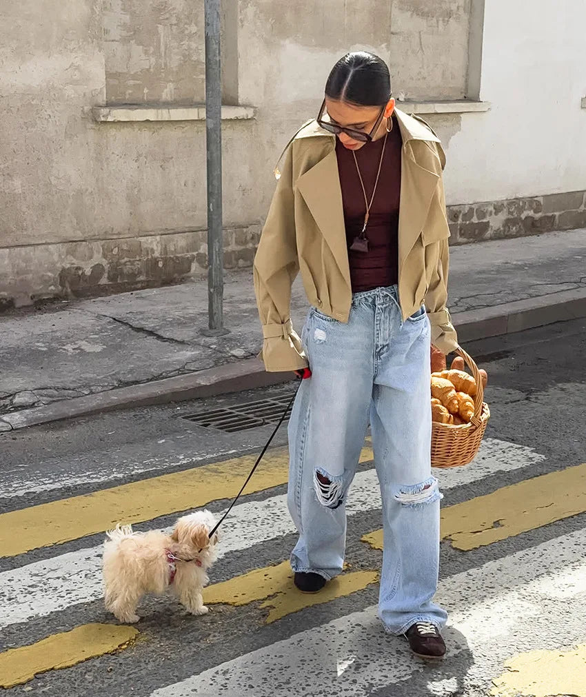 Person walking a dog on a leash with a basket of bread in an urban setting
