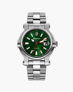 Silver watch with green dial and luminous hands, accompanied by a close-up of the glowing face and packaging on a white background.