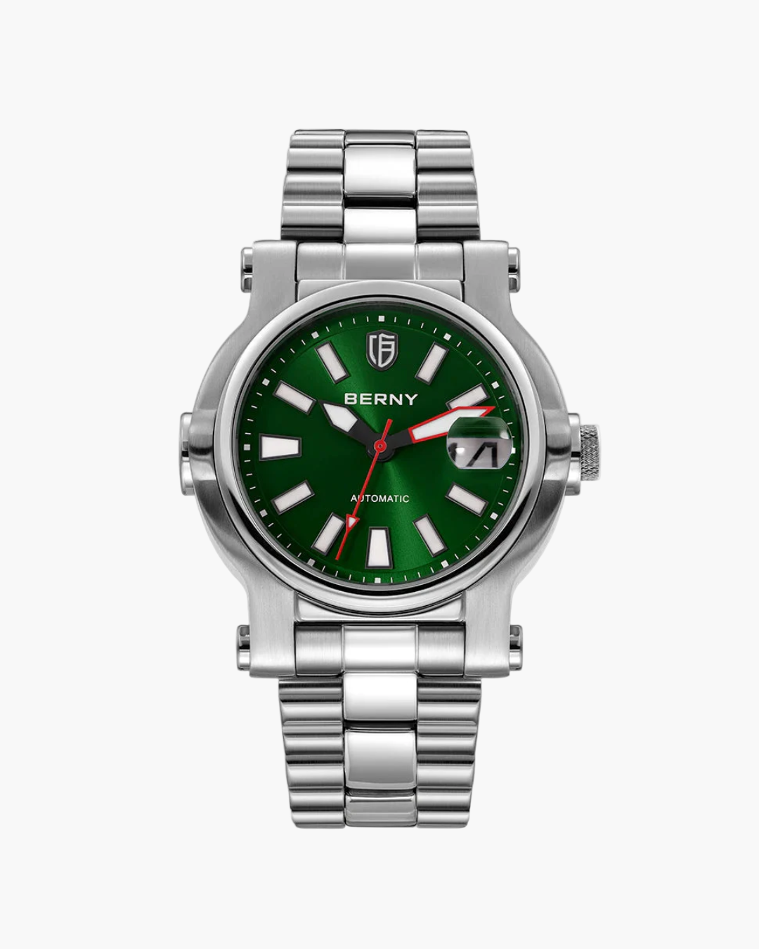 Silver watch with green dial and luminous hands, accompanied by a close-up of the glowing face and packaging on a white background.