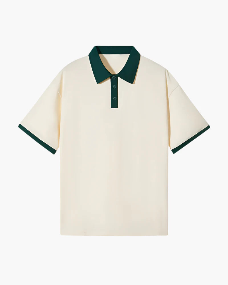 Beige polo shirt with green accents on a white background
