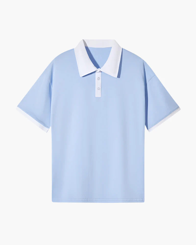Light blue polo shirt with white collar on a white background