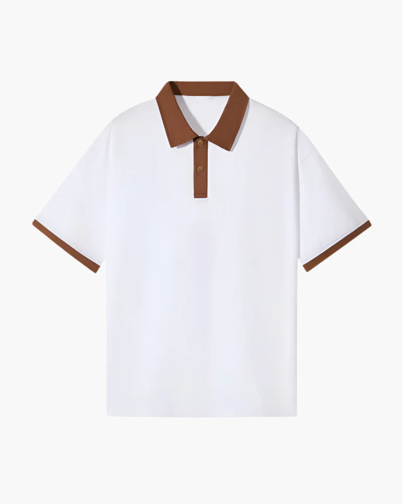 White polo shirt with brown accents on a white background