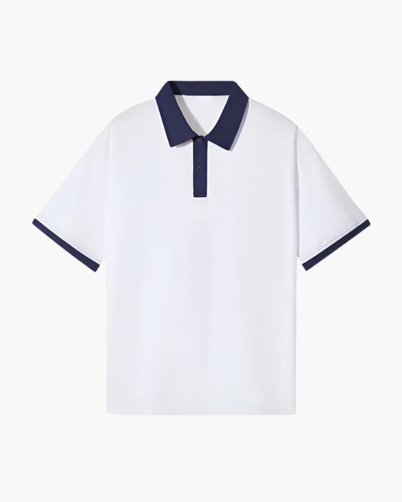 White polo shirt with navy accents on a white background