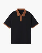 Black polo shirt with brown collar and sleeves on a white background