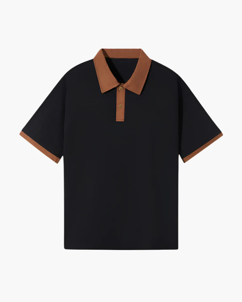 Black polo shirt with brown collar and sleeves on a white background