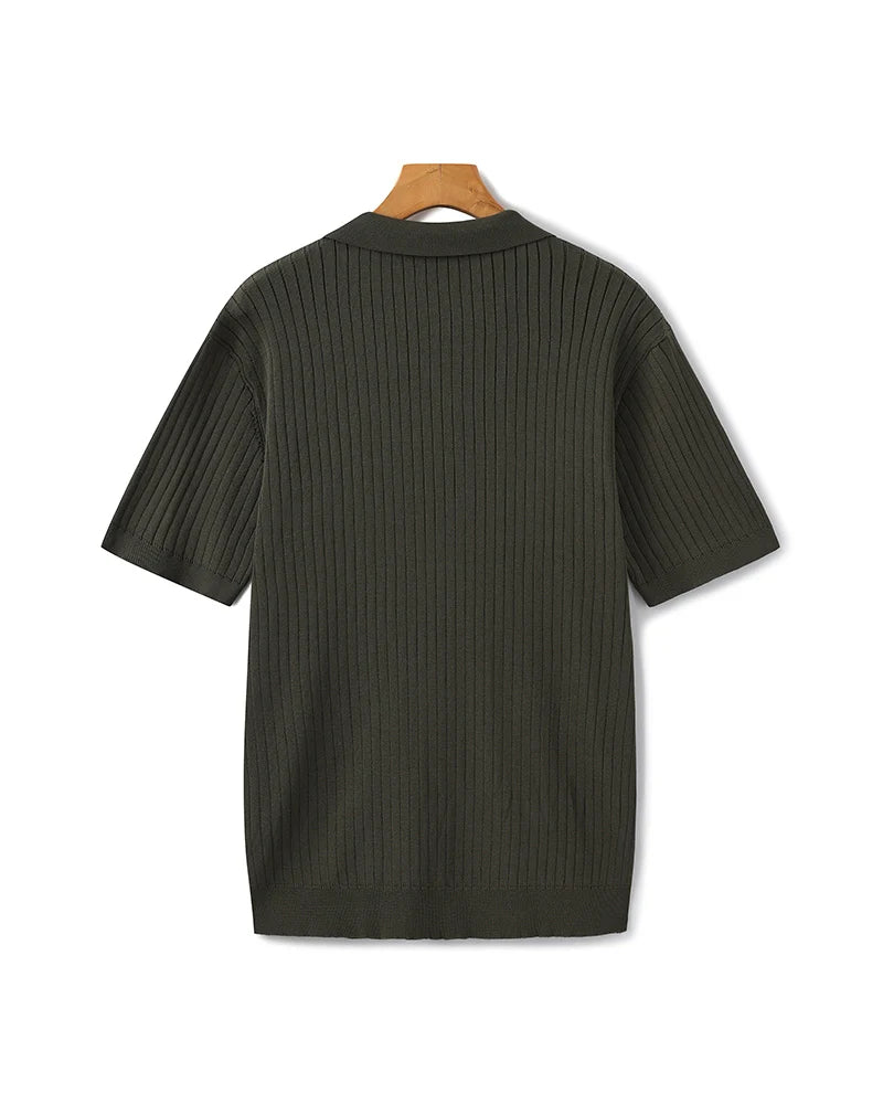 Back profile of the Riviera ribbed polo shirt showing its classic fit.