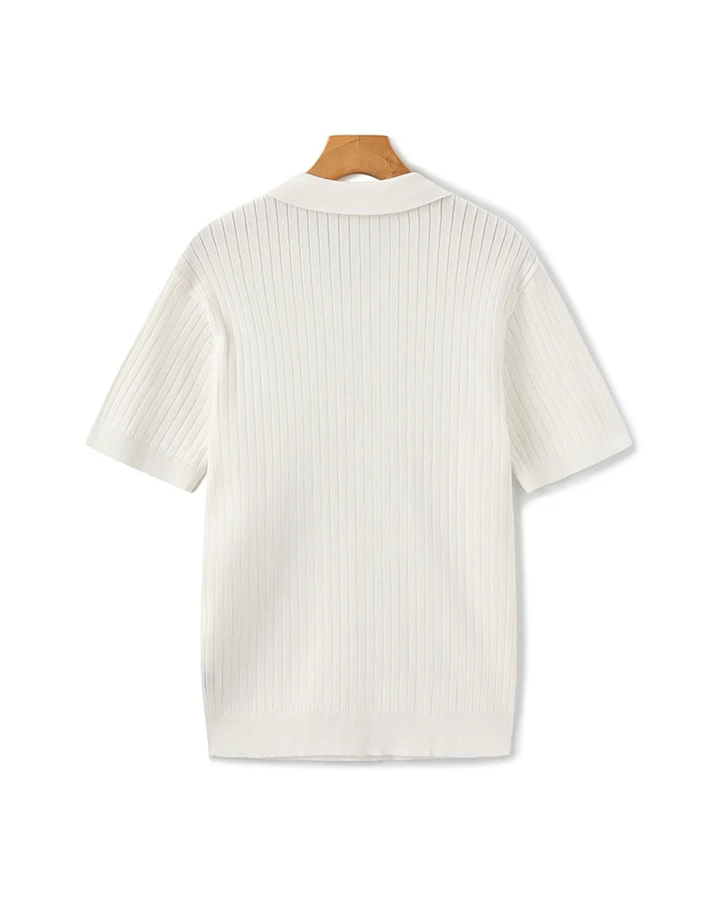 Back profile of the Riviera ribbed polo shirt showing its classic fit.