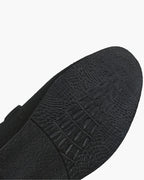 Close-up of a black shoe sole with textured pattern on a white background