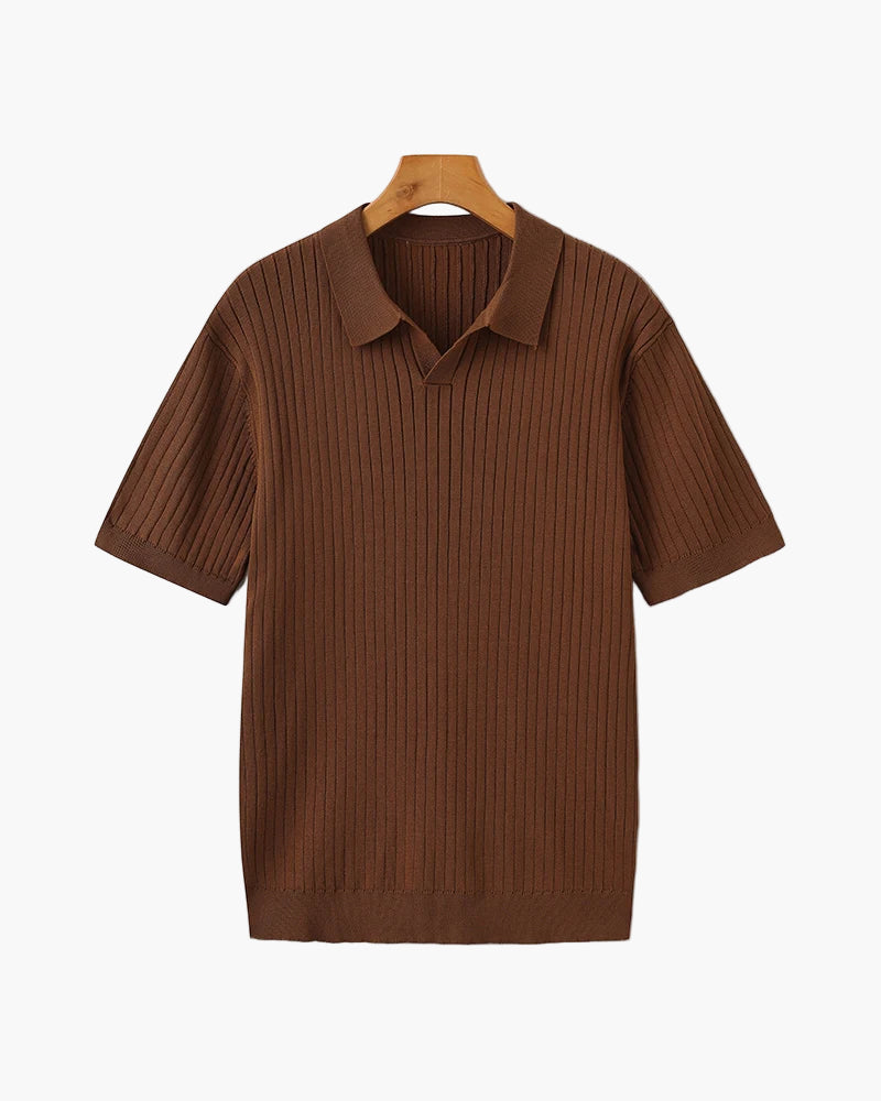 Brown ribbed polo shirt on a hanger against a white background